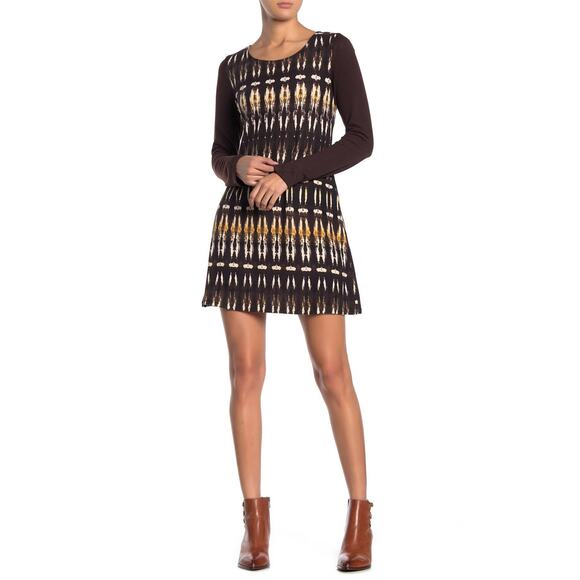 Papillon Dresses & Skirts - Papillon Brown Print Knit Long Sleeve Mini Dress M NEW